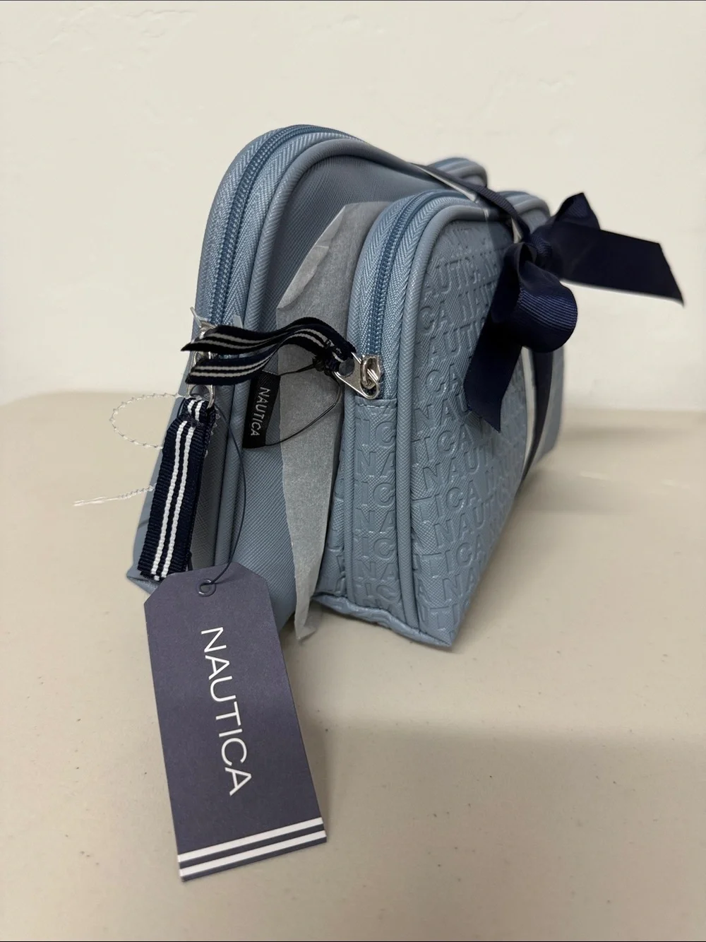 Nautica Light Blue Embossed Cosmetic Pouch 2 pcs Set Full Zipper 3D Print Logo